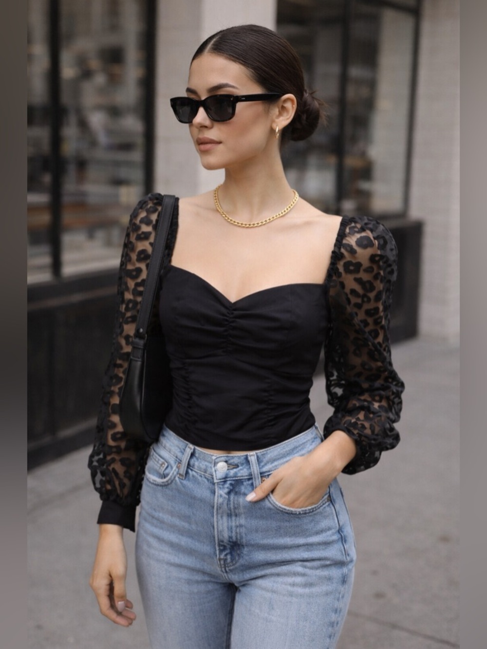 Zara Black Sheer Leopard Sleeve Corset Top NWT Medium Chic